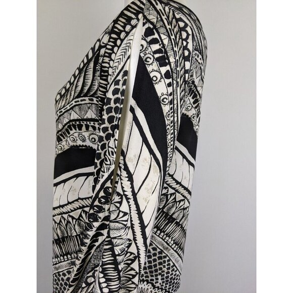 NICOLE BY NICOLE MILLER - WOMEN'S BLACK & CREAM PRINT STRETCH BLOUSON DRESS - S - Picture 7 of 11